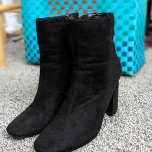Black suede high heel mid-calf boots
